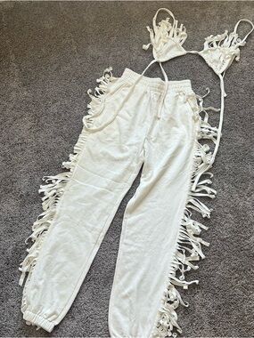 Fringed White Women's Jogger Pants